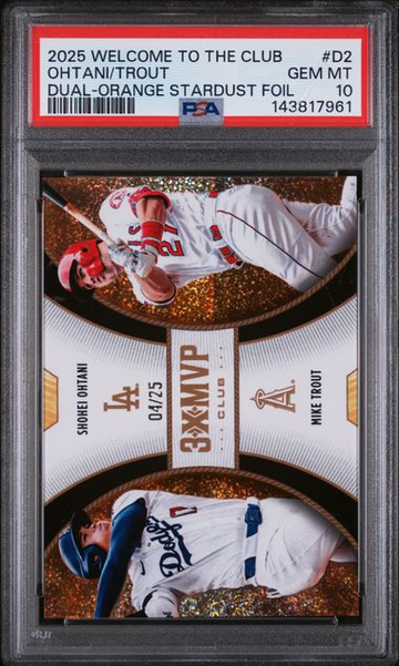 2025 TOPPS WELCOME TO THE CLUB 3X MVP 3X MVP DUAL  MIKE TROUT/SHOHEI OHTANI ORANGE STARDUST FOIL