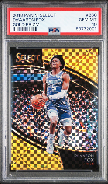 2018 Panini Select De’Aaron Fox Gold Prizm serial numbered 9/10, PSA 10! POP 3!