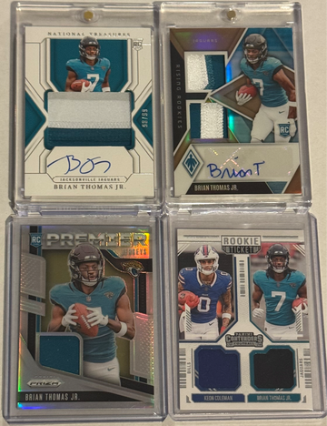2024 Brian Thomas Jr. 4 Card Lot includes 2 Autographs, 2 serial numbered and 4 patch cards