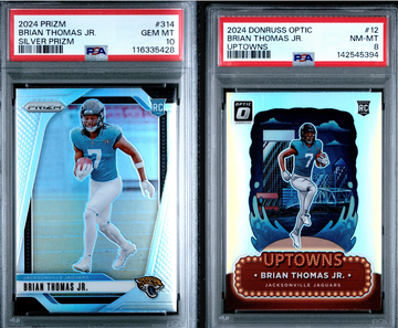 2024 Brian Thomas Jr 2 Card PSA Lot Silver Prizm PSA 10 and Uptowns PSA 8