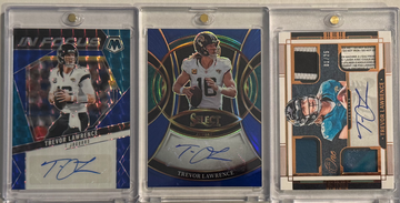 2023 and 2025 Trevor Lawrence 3 Auto Lot Quad Patch Laundry Tag numbered 1/25 and 67/149, Mosaic Auto 71/99