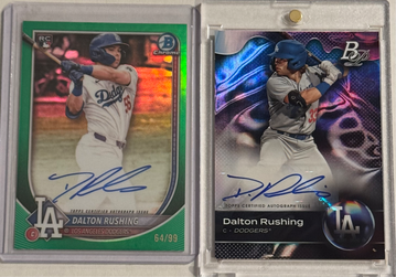 Dodgers Daulton Rushing 2 card auto lot 2025 Bowman Chrome Green Auto 64/99 & 2023 Bowman Platinum Auto