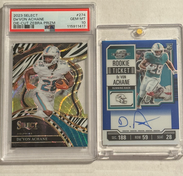 2023 De’Von Achane 2 Card Lot Select Club Level Die-Cut Zebra Prizm and Contenders Optic Blue auto /50