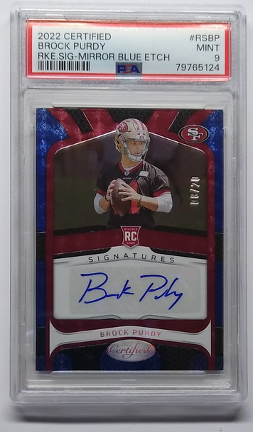 2022 Brock Purdy Rookie Card Auto 08/20 Mirror Blue Etch PSA 9