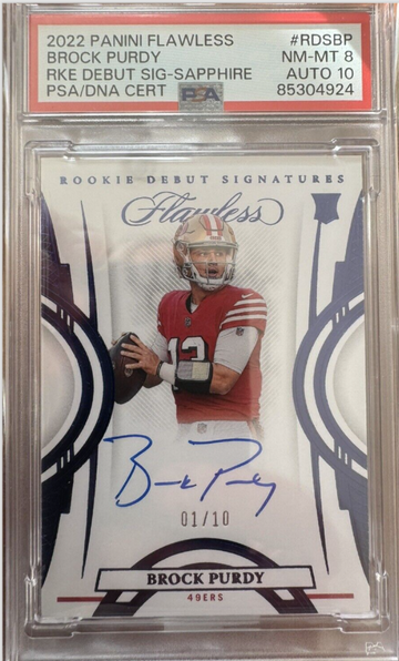 2022 Panini Flawless Brock Purdy Rookie Debut Sapphire RC #1/10 PSA 8 Auto 10