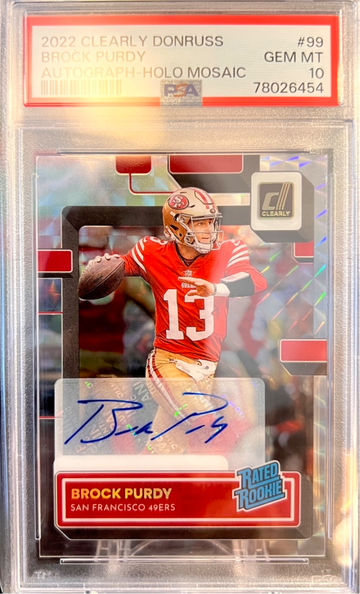 ⭐️ BROCK PURDY 2022 CLEARLY DONRUSS MOSAIC HALO #99 PSA 10 GEM RC AUTO SSP POP 2