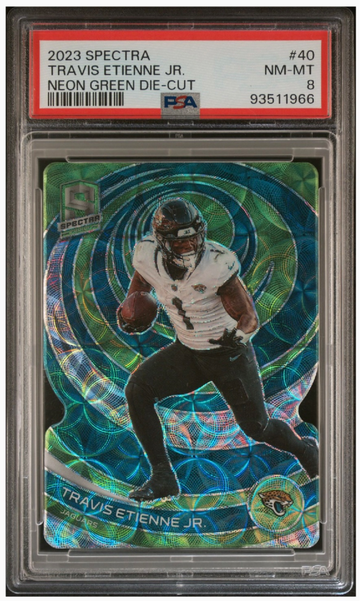 2023 Spectra Travis Etienne Jr Neon Green Die Cut /30 PSA 8