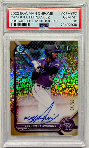 2022 Bowman Chrome Yanquiel Fernandez Gold Mini Diamond Refractor Auto PSA 10