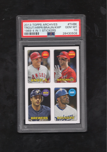 2013 Topps Archives 4 In 1 Stickers #THBK Trout/Harper/Braun/Kemp PSA 10 GEM MINT