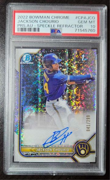 2022 Bowman Chrome Auto Speckle /299 Jackson Chourio PSA 10 GEM MINT