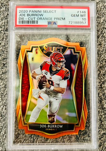 2020 Select Orange Prizm Joe Burrow Premier Level Die-Cut #146 PSA 10 - RARE Jersey Color Match