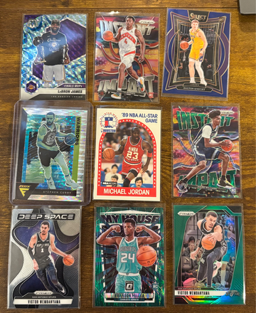 34-card basketball lot. Several rookies and Prizm. Michael Jordan and LeBron James. 