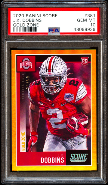 2020 Panini Score J.K. Dobbins Gold Zone RC #/50 PSA 10