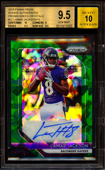 2018 Panini Prizm Lamar Jackson Rookie Autographs Green Crystals #/10 RC Auto BGS 9.5/10