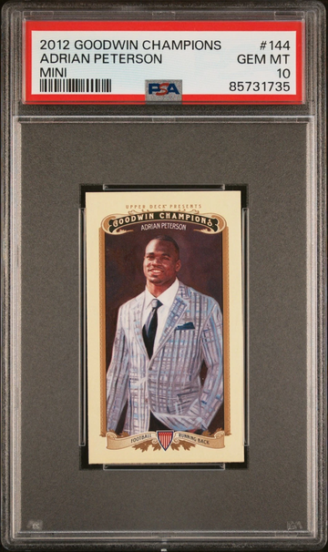 2012 GOODWIN CHAMPIONS MINI #144 ADRIAN PETERSON PSA 10 GEM | Vikings, HOF