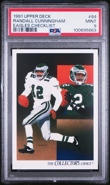 1991 UPPER DECK #84 RANDALL CUNNINGHAM EAGLES CHECKLIST PSA 9