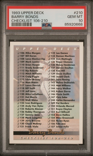 BARRY BONDS 1993 UPPER DECK CHECKLIST #210 PSA 10 POP 19