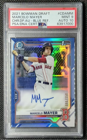 Marcelo Mayer 2021 Bowman Draft 1st Blue Refractor Auto #/150 PSA 9 Auto 10