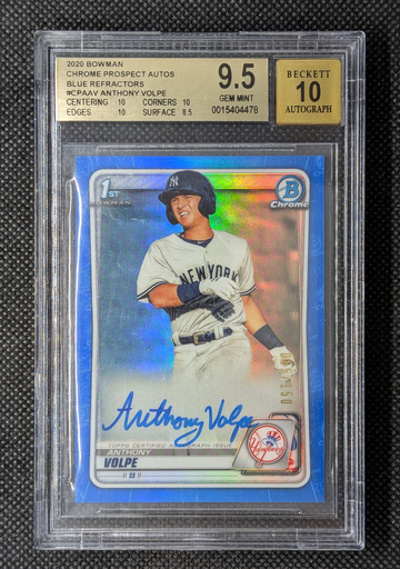 Anthony Volpe 2020 Bowman Chrome 1st Blue Refractor Auto #/150 BGS 9.5 Auto 10
