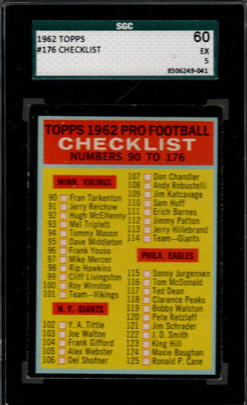 1962 Topps Football #176 Checklist SGC 60 EX 5