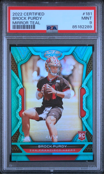 BROCK PURDY 2022 CERTIFIED MIRROR TEAL /50 PSA 9 MVP