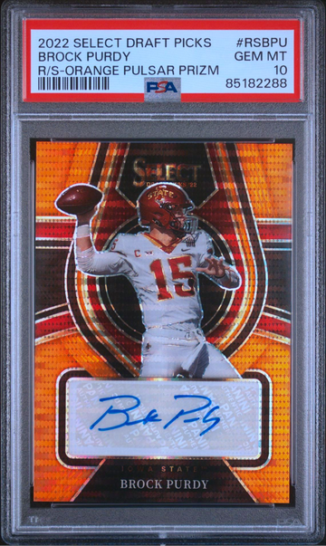 BROCK PURDY 2022 SELECT DRAFT PICKS ROOKIE AUTO ORANGE PULSAR /30 PSA 10