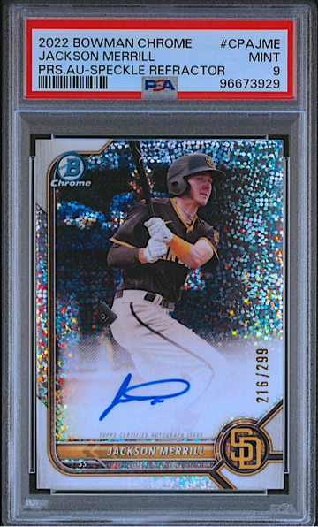 JACKSON MERRILL 2022 BOWMAN CHROME PROSPECTS AUTO SPECKLE /299 PSA 9 MINT