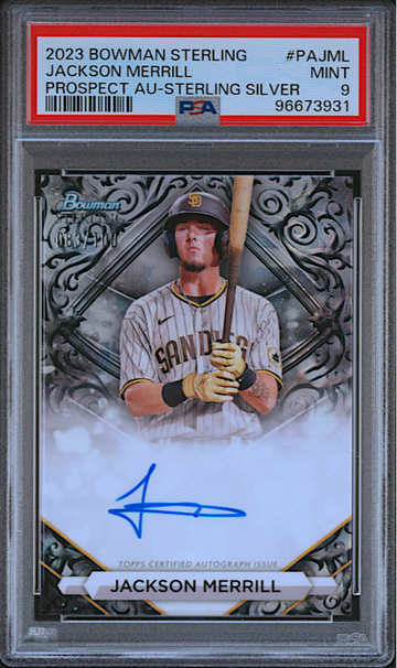 JACKSON MERRILL 2023 BOWMAN STERLING PROSPECTS AUTO SILVER /100 PSA 9