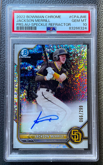 JACKSON MERRILL 2022 BOWMAN CHROME PROSPECT AUTO SPECKLE REFRACTOR /299 PSA 10 