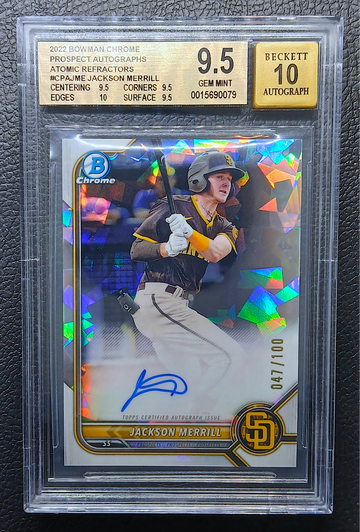 JACKSON MERRILL 2022 BOWMAN CHROME PROSPECT AUTO ATOMIC REFRACTOR /100 BGS 9.5 TRUE GEM