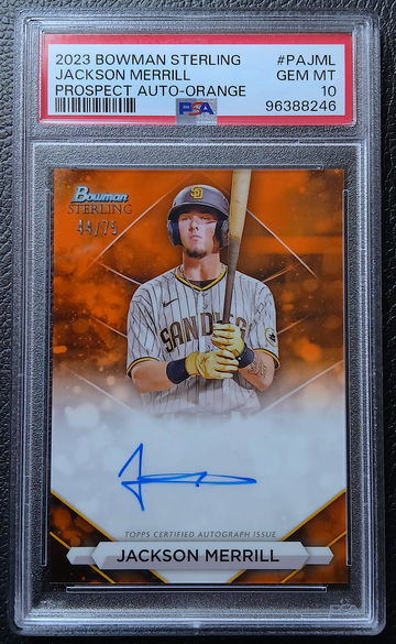 JACKSON MERRILL 2023 BOWMAN STERLING PROSPECT AUTO ORANGE /75 PSA 10 GEM