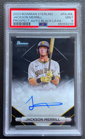 JACKSON MERRILL 2023 BOWMAN STERLING PROSPECT AUTO BLACK /10 PSA 9 MINT