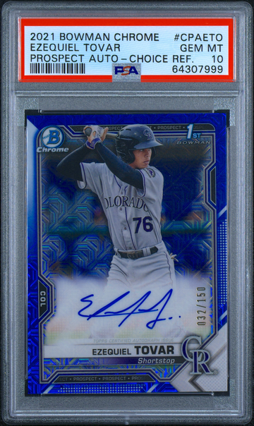 EZEQUIEL TOVAR 2021 BOWMAN CHROME PROSPECT AUTO CHOICE /150 PSA 10