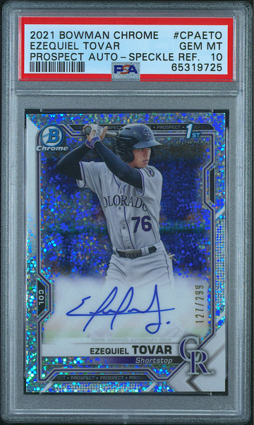 EZEQUIEL TOVAR 2021 BOWMAN CHROME PROSPECT AUTO SPECKLE /299 PSA 10