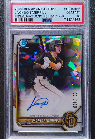 JACKSON MERRILL 2022 BOWMAN CHROME PROSPECT AUTO ATOMIC REFRACTOR /100 PSA 10