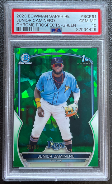 JUNIOR CAMINERO 2023 BOWMAN SAPPHIRE CHROME PROSPECTS GREEN /60 PSA 10