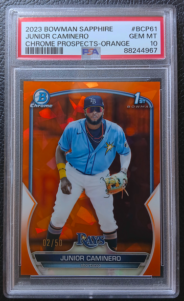 JUNIOR CAMINERO 2023 BOWMAN SAPPHIRE CHROME PROSPECTS ORANGE /50 PSA 10