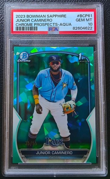 JUNIOR CAMINERO 2023 BOWMAN SAPPHIRE CHROME PROSPECTS AQUA /55 PSA 10