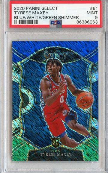 2020-21 Select Prizms Blue White Green Shimmer #81 Tyrese Maxey PSA 9 Serial #23/49