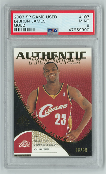 LEBRON JAMES 2003 SP Game Used GOLD Authentic Rookies 107 Serial #/50 PSA 9 Mint