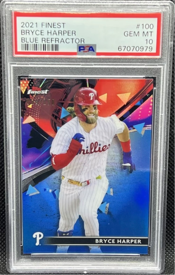 2021 Topps Finest Bryce Harper Blue Refractor 23/150 PSA 10.  Pop 4!