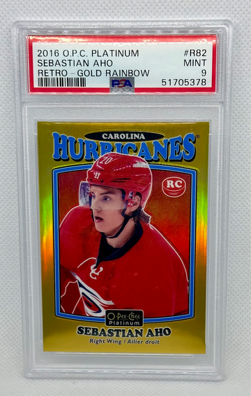2016-17 O-Pee-Chee Platinum Retro Gold Rainbow #R82 Sebastian Aho Rookie 82/149 PSA 9