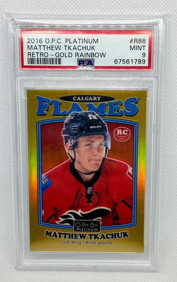 2016-17 )-Pee-Chee Platinum Retro Gold Rainbow #R86 Matthew Tkachuk Rookie 87/149 PSA 9