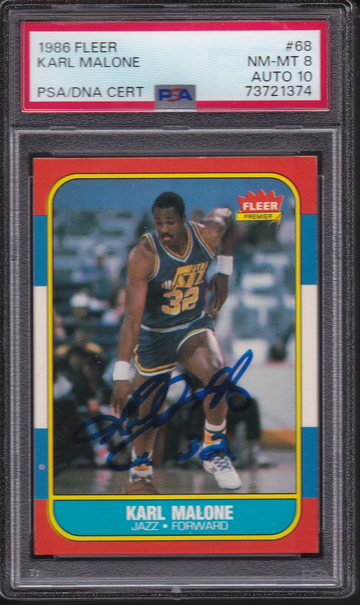 1986 FLEER #68 KARL MALONE RC HOF PSA 8 DNA AUTO 10 SGNED UTAH JAZZ ROOKIE CARD