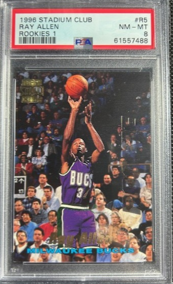 1996-97 Stadium Club Ray Allen Rookies 1 RC #R5 PSA 8 NM-MINT Milwaukee Bucks 