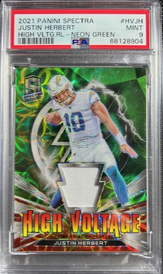 2021 Panini Spectra JUSTIN HERBERT High Voltage PATCH GREEN NEON PRIZM /35 PSA 9