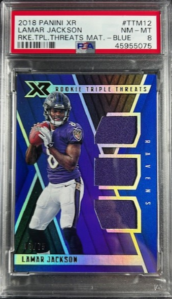 2018 Panini XR Lamar Jackson Rookie Triple Threats Jersey #07/75 RC MVP PSA 8