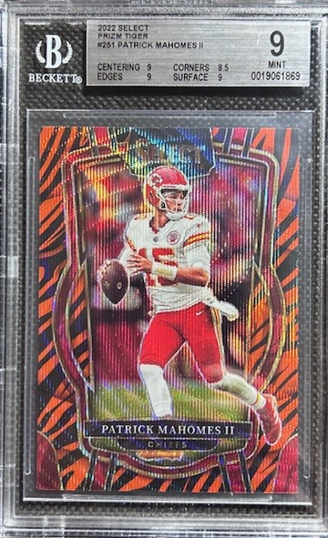 2022 SELECT CLUB TIGER STRIPE 251 PATRICK MAHOMES II PRIZM SSP CHIEFS BGS 9 MINT