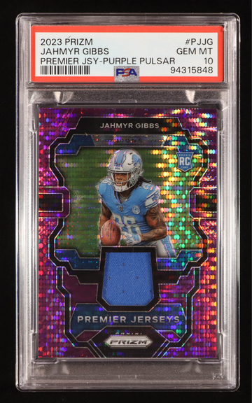 2023 Panini Prizm Premier Jerseys Jahmyr Gibbs Purple Pulsar PSA 10