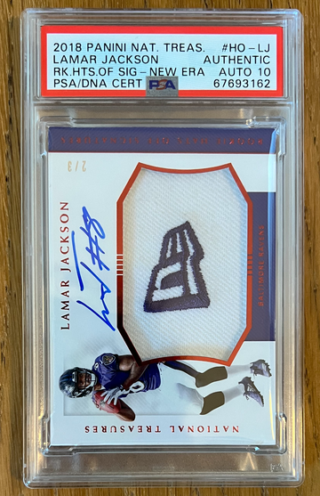 2018 Panini National Treasures Lamar Jackson Rookie Hats Off Signature New Era /3 PSA Auto 10